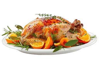 A beautifully decorated whole roast chicken on a white plate, isolated against a white background