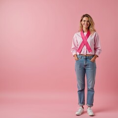 Naklejka premium Woman Breast Cancer Survivor Showcasing Resilience and Hope with pink background. Copy Space. 