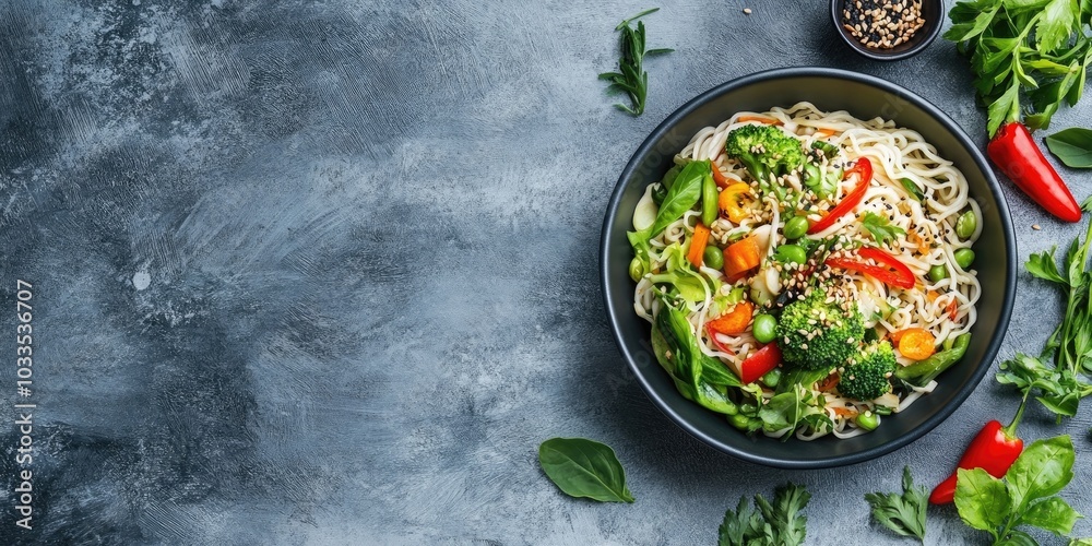 Poster lunch featuring udon noodles prepared with vegetables. top view. arrangement with copy space on a co