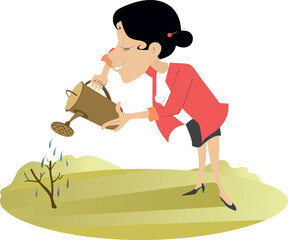 Young woman watering tree. Young friendly woman watering tree. 
Smiling female gardener with watering can. Young woman gardening
