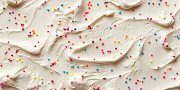 Cake frosting texture backdrop with sprinkles on the surface.