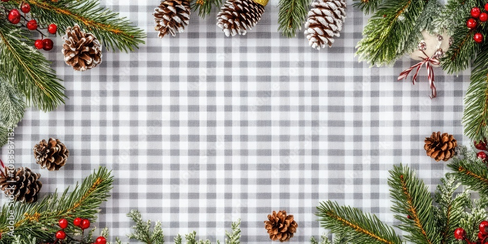 Poster Christmas New Year frame in flat lay style featuring a top view of Christmas decorations such as cones and fir branches on a checked background, with space for your text.
