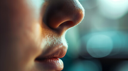 Close-up of human nose during inhalation, capturing the subtle rise and fall of breath, symbolizing life's delicate balance and the continuous cycle of existence