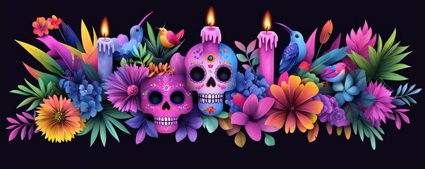 A colorful sugar skull design with detailed floral motifs, birds, and candles, representing Dia de los Muertos.
