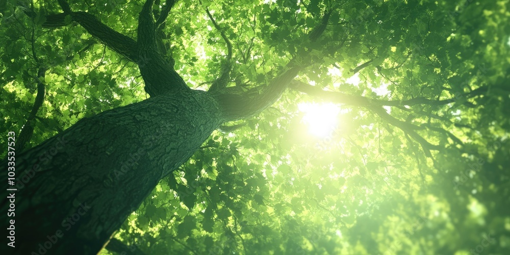 Aufkleber Fresh green tree in the forest viewed from below, with sunlight filtering through the branches and leaves.