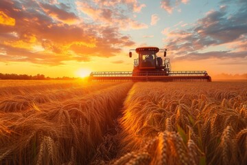 Obraz premium Combine Harvester Harvesting Wheat at Sunset
