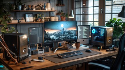 Naklejka premium Modern Home Office Setup with Multiple Monitors and Desk Accessories