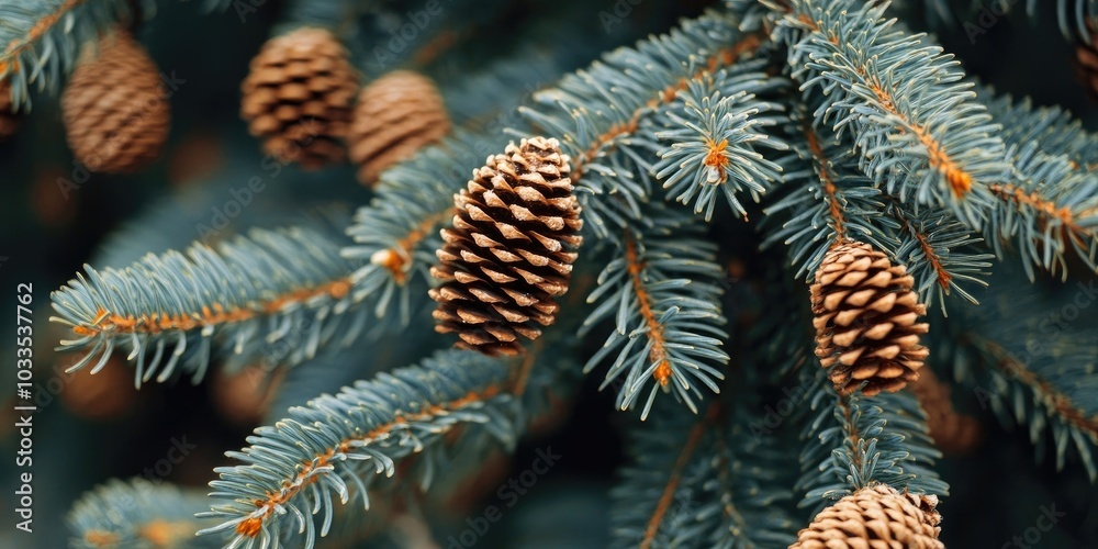 Leinwandbilder green spruce branches with needles and numerous cones in winter. many cones on the spruce tree. fir 