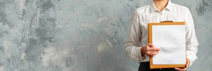 Person in white shirt holding clipboard with blank paper against textured background, ready for notes or presentations.