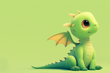 Fototapeta premium Cute little green dragon sitting on bright green background