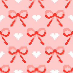 Pixel Art Red Bows and White Hearts Seamless Pattern