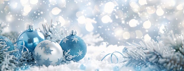 Experience the magical ambiance of a Winter Wonderland with festive Christmas decorations, snowy landscapes, and beautiful blue ornaments that evoke joy and celebration of the holiday season