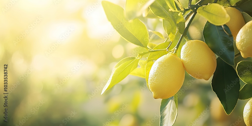 Aufkleber a cluster of fresh, ripe lemons on a branch of a lemon tree in a sunny garden. copy space