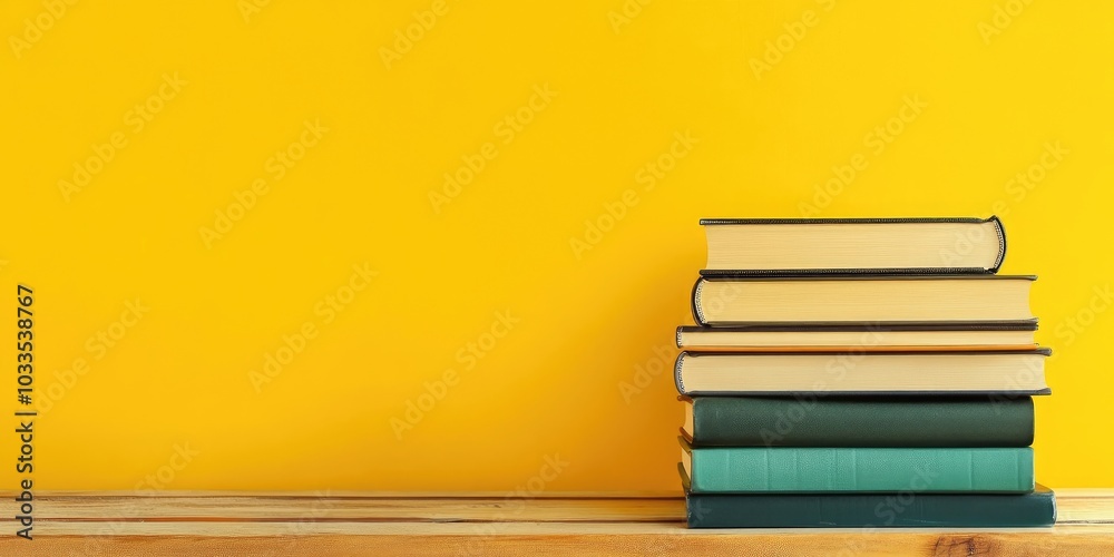 Aufkleber Stack of books on a wooden table with a yellow background. copy space