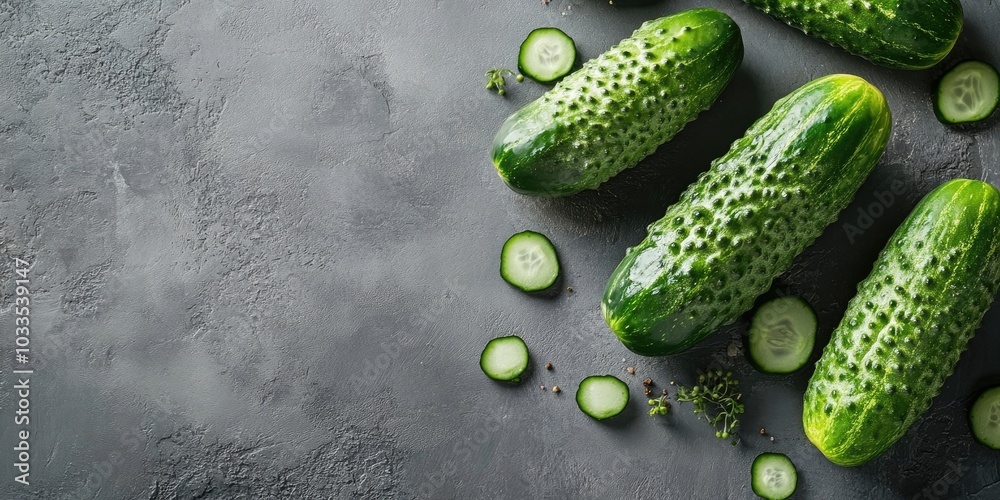 Poster Pickled cucumbers on a gray backdrop.