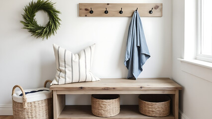 A rustic wooden bench is paired with a hook wall mounted coat rack in this country inspired farmhouse style entryway design today.
