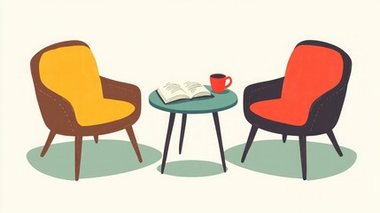 Obraz premium Cozy Reading Nook with Colorful Chairs and Coffee