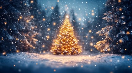A beautifully lit Christmas tree standing in a snowy clearing, surrounded by snow-covered trees with warm lights, evoking a magical and festive holiday atmosphere.