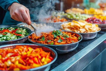 Obraz premium A pan of steaming hot stir-fry with vibrant vegetables and meat, garnished with fresh herbs, cooking at a street food market, creating a delicious and aromatic scene.