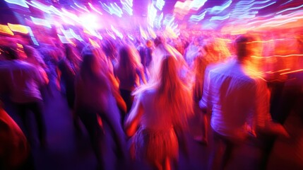 A blurry, fast-paced image of a dance floor with people dancing and vibrant colorful lights.