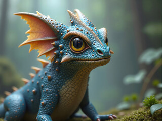 Obraz premium Blue baby dragon resting in a magical forest