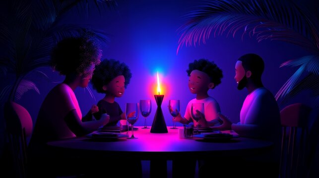 A family singing and celebrating Kwanzaa with the kinara glowing brightly in the center of the table.