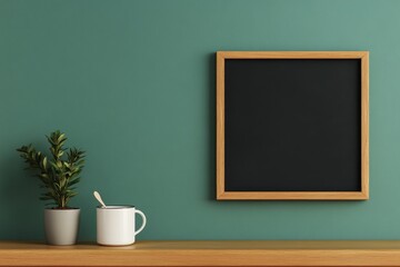 A simple and minimalistic setup with a small plant, a chalkboard, and a white mug with a spoon, placed against a blue-green background.