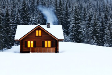 A cozy wooden cabin with glowing windows nestled in a snow-covered landscape, surrounded by a...