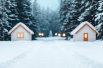 Naklejka premium A snowy village scene with two cozy cabins in the foreground, soft glowing lights inside, and a path leading into the snow-covered woods. The background fades into a serene winter landscape.