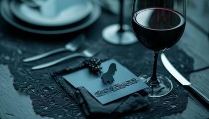 A gothic-style Halloween table with black lace tablecloth, dark red wine, and eerie ghost-shaped place cards.
