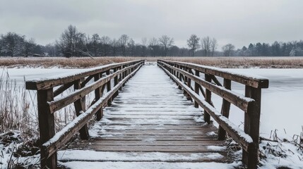 Snow-covered wooden bridge in a serene winter landscape on a frosty day in stare juchy, poland, surrounded by majestic pine trees and sparkling white snow, capturing the tranquil beauty of a picturesq