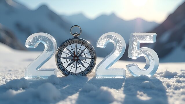 2026 are ice form, instead of the number "0" there is a compass,  n the background there are evining snow-capped mountains, snowflakes