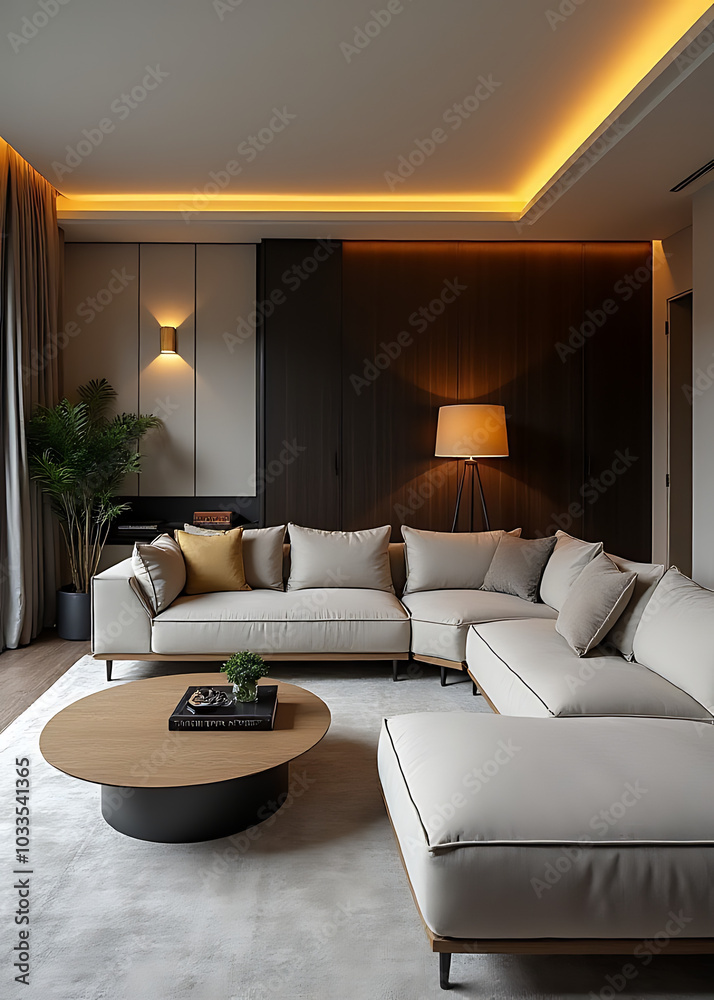 Poster A sophisticated blend of style and functionality is crafted in the interior design of a stylish modern living room setting.