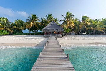 Wooden pier leads to thatched hut, turquoise waters, and pristine tropical beach