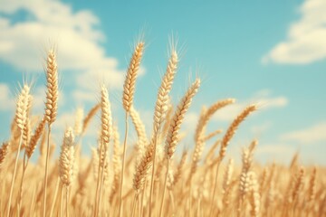 Fototapeta premium Golden Wheat Field Under Blue Sky with White Clouds