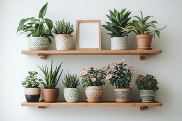 Scandinavian room interior with mock up photo frame on the brown bamboo shelf with beautiful plants in differents hipster and design pots. White walls. Modern and floral concept of, Generative AI
