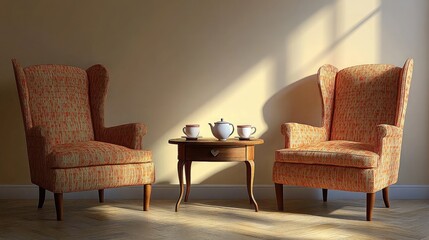 Cozy Living Room Setup with Vintage Chairs and Table