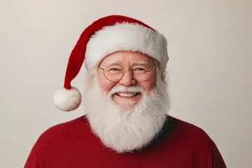 Smiling Santa Claus holding the pom-pom of his red hat, bringing Christmas joy and festive cheer.