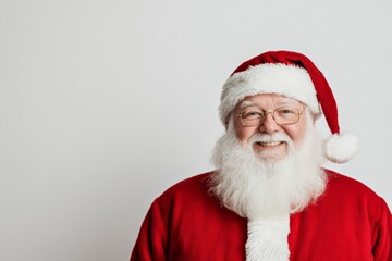 Santa Claus with a happy smile, wearing his classic red suit and glasses, spreading holiday cheer and warmth.