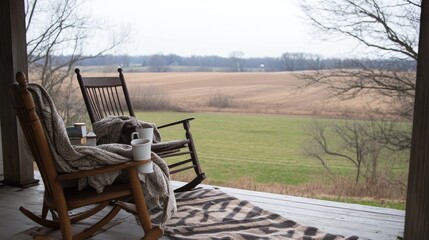 Fototapeta premium Cozy Porch with Rocking Chairs Overlooking Fields