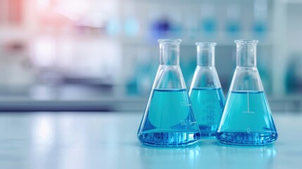 Three glass flasks containing blue liquid on a laboratory bench, representing scientific experimentation and analysis.