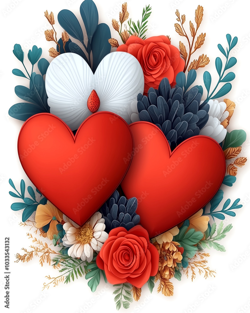 Wall mural A bouquet of red and white flowers with two hearts in the center. The flowers are arranged in a way that they look like they are hugging each other. Scene is one of love and affection