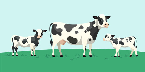Holstein Cows Family on Pasture - Vector Illustration