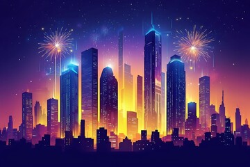 The silhouettes of city buildings towering at night, decorated with the explosions of festive firecrackers that light up the sky in a New Year celebration full of enthusiasm and new hopes.