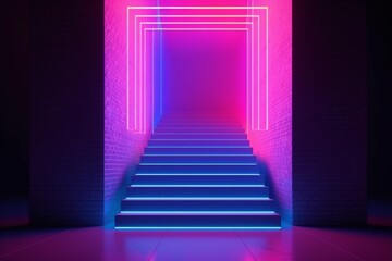 Blue neon lights outline a staircase, lit by pink neon.  AI generative. .