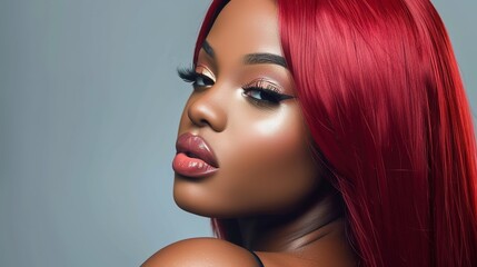 Close-up portrait of attractive  young woman with long wavy vibrant red hair. Charming model with freckles and natural makeup. Stylist and hairdresser concept. Beauty and diversity