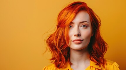 Close-up portrait of attractive  young woman with long wavy vibrant red hair. Charming model with freckles and natural makeup. Stylist and hairdresser concept. Beauty and diversity