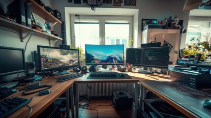 Spacious cluttered desk in a bright office with three monitors shot with a wide-angle lens