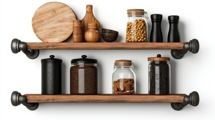 Stylish kitchen shelves with wooden accents, jars, and spices for an organized and modern cooking space.