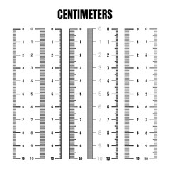 Vertical centimeter scale for measuring length or height. Various measurement scales with divisions. Ruler, tape measure marks, size indicators. Vector illustration